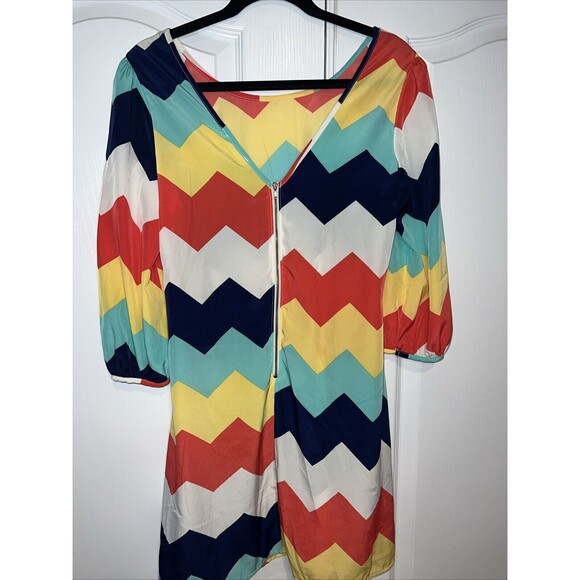 Ezra Womens Shift Dress Large Multicolored Chevron 3/4 Sleeve Mini Polyester Zip - Picture 4 of 10